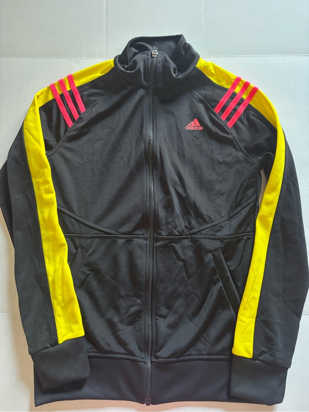 adidas Black Track Jacket with Yellow Sleeves & Pink Accents